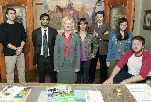 PARKS AND RECREATION -- Pictured: (l-r) Paul Schneider as Mark Brendanawicz, Aziz Ansari as Tom Haverford, Amy Poehler as Leslie Knope, Rashida Jones as Ann Perkins, Nick Offerman as Ron Swanson, Aubrey Plaza as April Ludgate, Chris Pratt as Andy -- NBC Photo: Mitchell Haaseth