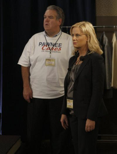 PARKS AND RECREATION -- "Telethon" Episode 222 -- Pictured: (l-r) Jim O'Heir as Jerry Gergich, Amy Poehler as Leslie Knope -- Photo by: Byron Cohen/NBC