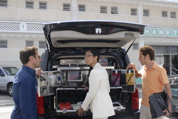 ROYAL PAINS -- "Pilot Day 4" -- Pictured: (l-r) Mark Feuerstein as Hank Lawson, Reshma Shetty as Divya Sharma, Paul Costanzo as Evan Lawson -- USA Network Photo: Barbara Nitke 