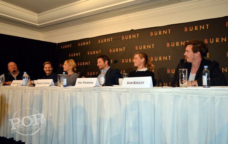 Mario Batali, Daniel Brhl, Sienna Miller, Bradley Cooper, Uma Thurman and Sam Keeley at the New York press conference for Burnt. Photo 2015 Jay S. Jacobs. All rights reserved.