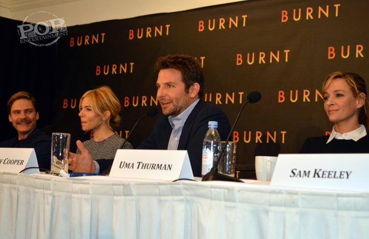 Daniel Brhl, Sienna Miller, Bradley Cooper and Uma Thurman at the New York press conference for Burnt. Photo 2015 Jay S. Jacobs. All rights reserved.