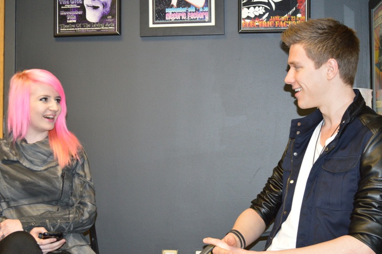 PopEntertainment's Shana Bergmann chats with Collins Key backstage at the Demi Lovato, Fifth Harmony and Little Mix show at the Wells Fargo Center, Philadelphia PA, March 1, 2014. Photo by Deborah Wagner.