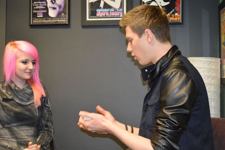 PopEntertainment's Shana Bergmann chats with Collins Key backstage at the Demi Lovato, Fifth Harmony and Little Mix show at the Wells Fargo Center, Philadelphia PA, March 1, 2014. Photo by Deborah Wagner.