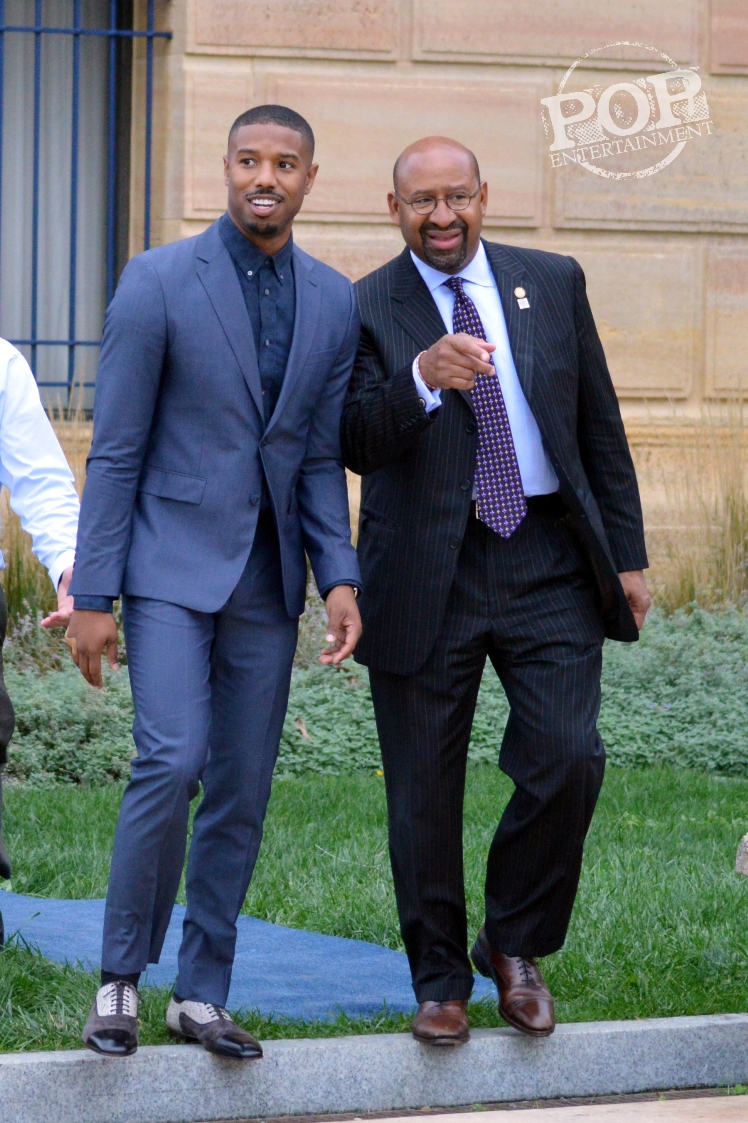 Michael B. Jordan and Mayor Michael Nutter at the Philadelphia press conference for Creed on the steps of the Philadelphia Museum of Art. Photo copyright 2015 Deborah Wagner.