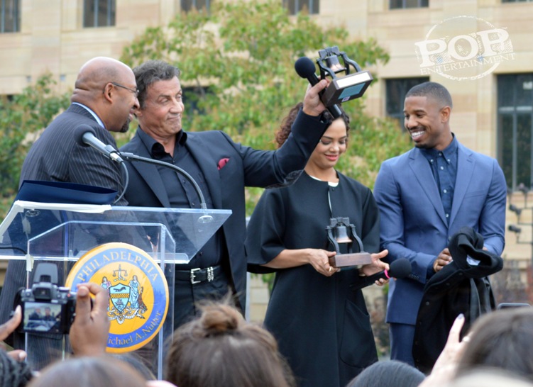 Mayor Michael Nutter, Sylvester Stallone, Tessa Thompson and Michael B. Jordan at the Philadelphia press conference for Creed on the steps of the Philadelphia Museum of Art. Photo copyright 2015 Deborah Wagner.