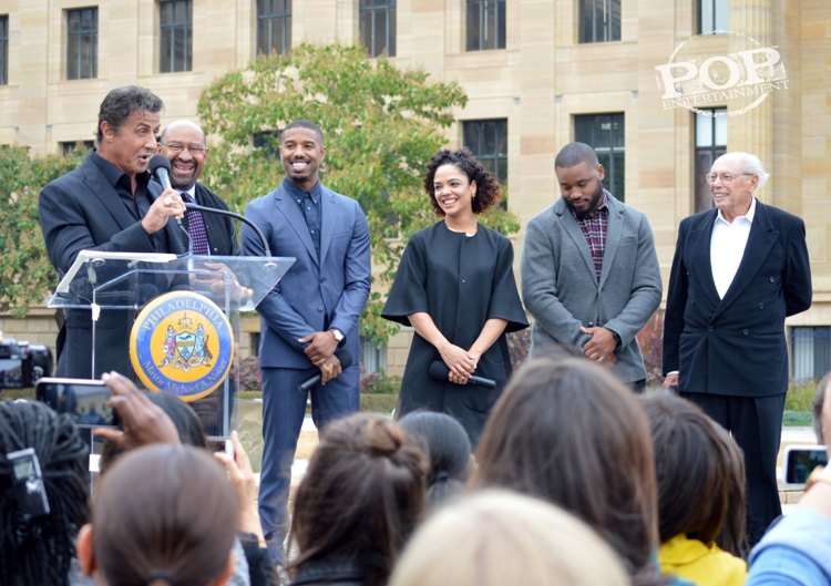 Sylvester Stallone, Mayor Michael Nutter, Michael B. Jordan, Tessa Thompson, Ryan Coogler and Irwin Winkler at the Philadelphia press conference for Creed on the steps of the Philadelphia Museum of Art. Photo copyright 2015 Deborah Wagner.