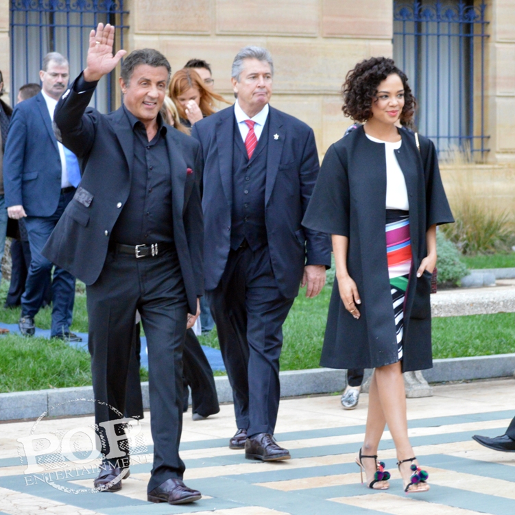 Sylvester Stallone and Tessa Thompson at the Philadelphia press conference for Creed on the steps of the Philadelphia Museum of Art. Photo copyright 2015 Deborah Wagner.