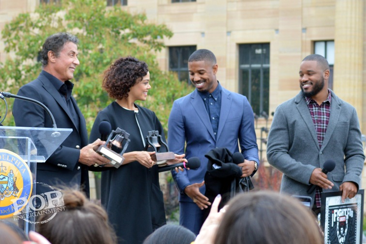 Sylvester Stallone, Michael B. Jordan, Tessa Thompson and Ryan Coogler at the Philadelphia press conference for Creed on the steps of the Philadelphia Museum of Art. Photo copyright 2015 Deborah Wagner.