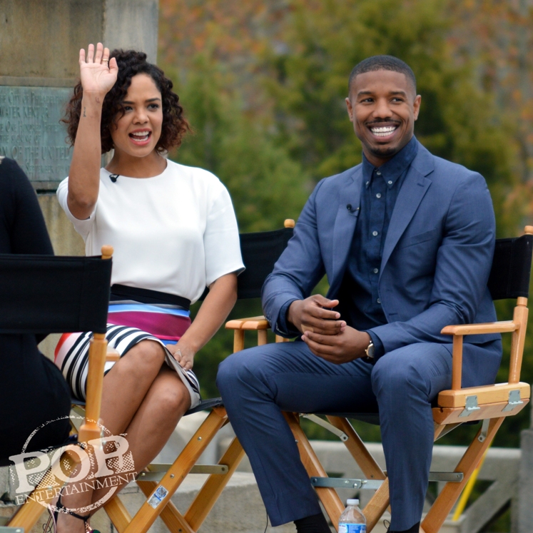 Tessa Thompson and Michael B. Jordan at the Philadelphia press conference for Creed on the steps of the Philadelphia Museum of Art. Photo copyright 2015 Deborah Wagner.