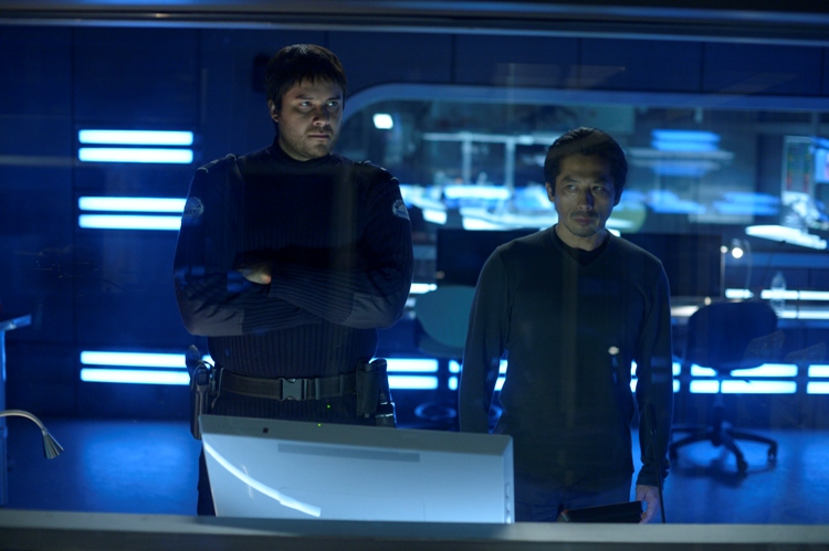 HELIX -- "Vector" Episode 102 -- Pictured: (l-r) Meegwun Fairbrother as Daniel Aerov, Hiroyuki Sanada as Dr. Hiroshi Hataki -- (Photo by: Philippe Bosse/Syfy)