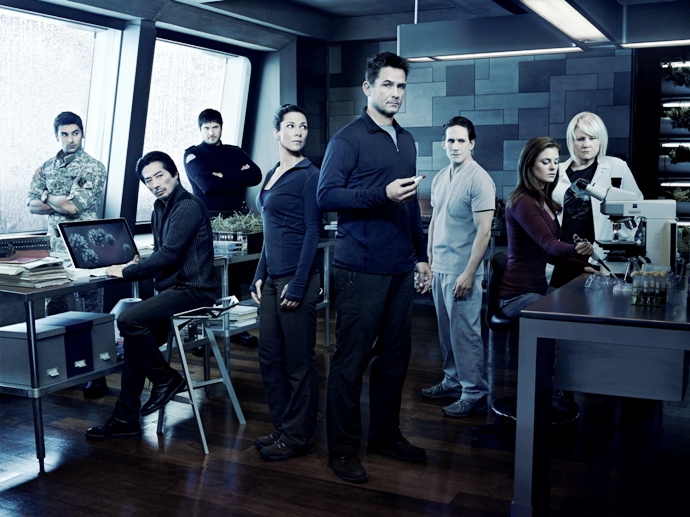 HELIX -- Season:1 -- Pictured: (l-r) Mark Ghanime as Sergio Balleseros, Hiroyuki Sanada as Hiroshi Hataki, Meegwun Fairbrother as Daniel Aerov, Kyra Zagorsky as Julia Walker, Billy Campbell as Alan Farragut, Neil Napier as Peter Farragut, Jordan Hayes as Sarah Jordan, Catherine Lemieux as Doreen Boyle -- (Photo by: Justin Stephens/Syfy)