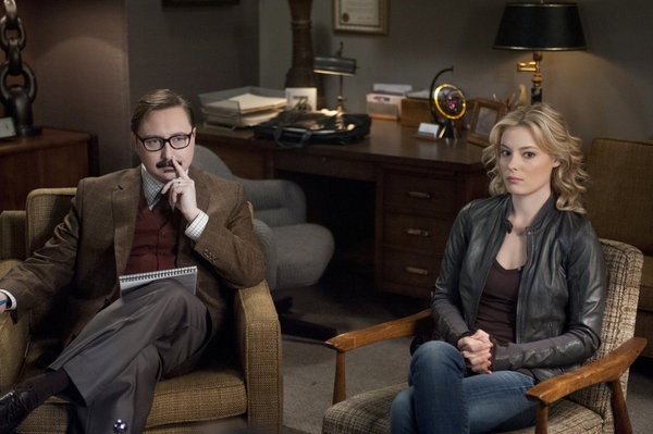 COMMUNITY -- "Curriculum Unavailable" Episode 319 -- Pictured: (l-r) John Hodgman as Dr. David Heidi, Gillian Jacobs as Britta -- Photo by: Lewis Jacobs/NBC 
