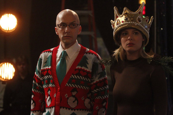 COMMUNITY -- "Regional Holiday Music" Episode 311 -- Pictured: (l-r) Jim Rash as Dean Pelton, Gillian Jacobs as Britta -- Photo by: Jordin Althaus/NBC 