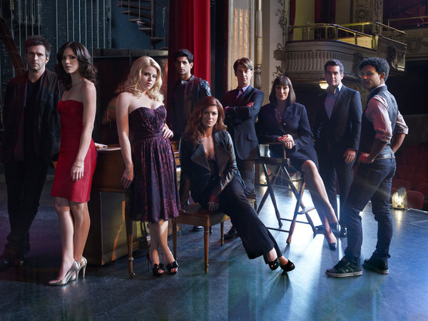 SMASH -- Season:1 -- Pictured: (l-r) Jack Davenport as Derek Wills, Katharine McPhee as Karen Cartwright, Megan Hilty as Ivy Lynn, Raza Jaffrey as Dev Sundaram, Debra Messing as Julia Houston, Christian Borle as Tom Levitt, Anjelica Huston as Eileen Rand, Brian d'Arcy James as Frank Houston, Jaime Cepero as Ellis -- Photo by: Mark Seliger/NBC 