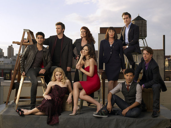 SMASH -- Season:1 -- Pictured: (l-r) Raza Jaffrey as Dev Sundaram, Megan Hilty as Ivy Lynn, Jack Davenport as Derek Wills, Debra Messing as Julia Houston, Katharine McPhee as Karen Cartwright, Anjelica Huston as Eileen Rand, Brian d'Arcy James as Frank Houston, Jaime Cepero as Ellis, Christian Borle as Tom Levitt -- Photo by: Mark Seliger/NBC 