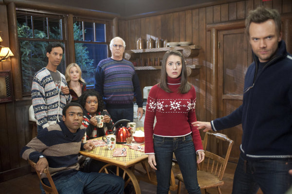 COMMUNITY -- "Horror Fiction in Seven Spooky Steps!" Episode 305 -- Pictured: (l-r) Donald Glover as Troy, Danny Pudi as Abed, Gillian Jacobs as Britta, Yvette Nicole Brown as Shirley, Chevy Chase as Pierce, Alison Brie as Annie, Joel McHale as Jeff -- Photo by: Lewis Jacobs/NBC