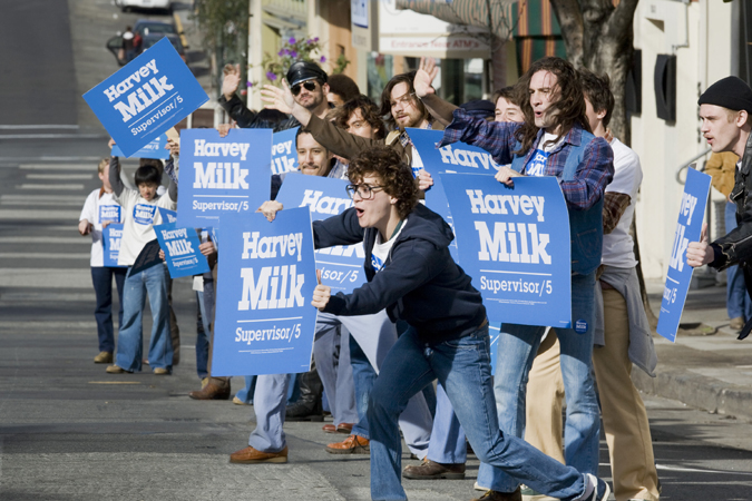 Emile Hirsch (center) stars as real-life gay rights activist Cleve Jones in director Gus Van Sant's MILK, a Focus Features release.  Photo:  Phil Bray