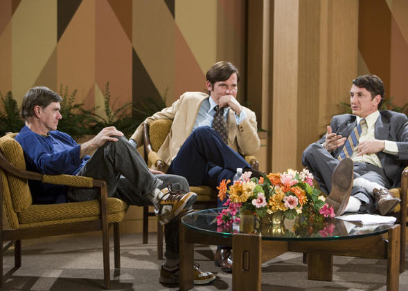 Director Gus Van Sant (left), Josh Brolin (center) and Sean Penn (right) on the set of MILK, a Focus Features release.  Photo:  Phil Bray