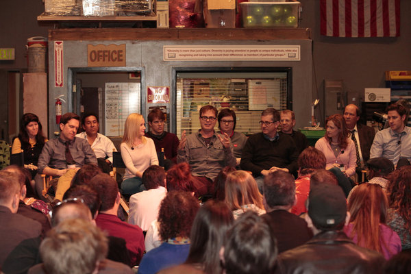 NBC UNIVERSAL EVENTS -- "TCA The Office Set Visit" -- Pictured: (l-r) Kate Flannery as Meredith Palmer, Ed Helms.Andy Bernard, Oscar Nunez as Oscar Martinez, Angela Kinsey as Angela Martin, Jake Lacy as Pete, Rainn Wilson as Dwight Schrute, Greg Daniels, Jenna Fischer as Pam Halpert, Craig Robinson as Darryl Philbin John Krasinski as Jim Halpert -- (Photo by: Chris Haston/NBC)