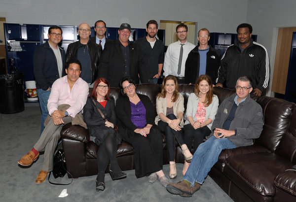 THE OFFICE -- "Scranton Wrap Party" -- Pictured: (l-r) Back Row: Steve Carell, Creed Bratton, Andy Buckley, Brian Baumgartner, John Krasinski, Rainn Wilson, Paul Lieberstein, Craig Robinson; Front Row: Oscar Nunez, Kate Flannery, Phyllis Smith, Jenna Fischer, Ellie Kemper, Greg Daniels -- (Photo by: Dave Kotinsky/NBC)