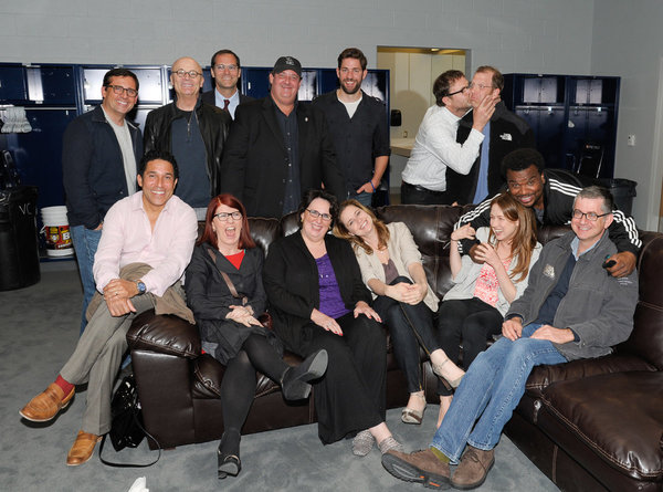 THE OFFICE -- "Scranton Wrap Party" -- Pictured: (l-r) Back Row: Steve Carell, Creed Bratton, Andy Buckley, Brian Baumgartner, John Krasinski, Rainn Wilson, Paul Lieberstein, Craig Robinson; Front Row: Oscar Nunez, Kate Flannery, Phyllis Smith, Jenna Fischer, Ellie Kemper, Greg Daniels -- (Photo by: Dave Kotinsky/NBC)