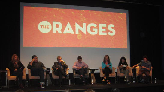 Catherine Keener, Oliver Platt, Hugh Laurie, Julian Farino, Allison Janney, Alia Shawkat & Adam Brody at the New York Press Conference for "The Oranges" at the Crosby Street Hotel, New York, NY, Septermber 14, 2012.