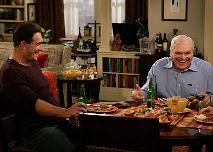 "Dad's Visit" -- Much to Audrey's dismay, Roy (Brian Dennehy, right), Jeff's (Patrick Warburton, left) chauvinist father extends his visit after spraining his ankle, on RULES OF ENGAGEMENT, Monday, March 23 (9:30-10:00 PM, ET/PT) on the CBS Television Network. Photo: Monty Brinton/CBS 2008 CBS Broadcasting Inc. All Rights Reserved.