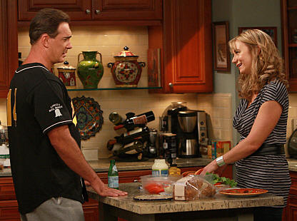 "Dad's Visit" -- Much to Audrey's (Megyn Price) dismay, Jeff's (Patrick Warburton) old-fashioned father extends his visit after an injury makes him immobile, on RULES OF ENGAGEMENT, Monday, March 23 (9:30-10:00 PM, ET/PT) on the CBS Television Network. Photo: Monty Brinton/CBS 2008 CBS Broadcasting Inc. All Rights Reserved.