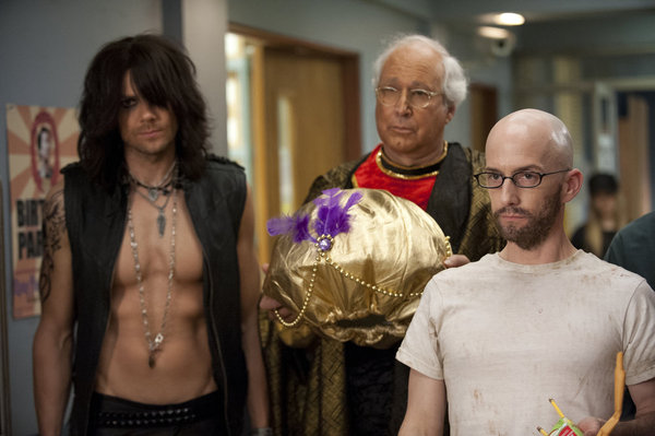 COMMUNITY -- "The First Chang Dynasty" Episode 320 -- Pictured: (l-r) Joel McHale as Jeff, Chevy Chase as Pierce, Jim Rash as Dean Pelton -- (Photo by: Lewis Jacobs/NBC) 