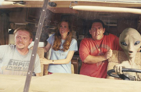 Simon Pegg, Kristin Wiig, Nick Frost and the title character in PAUL.