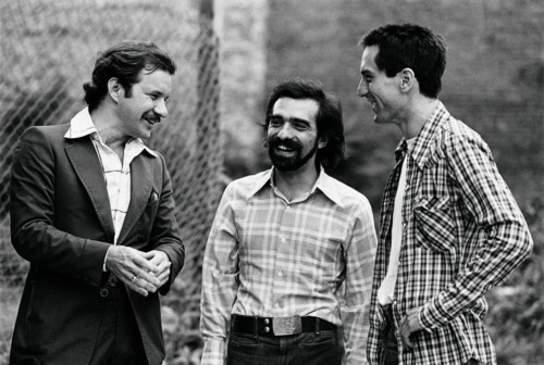 Paul Schrader, Martin Scorcese and Robert De Niro on the set of "Taxi Driver."