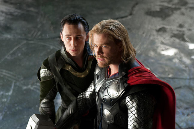 Tom Hiddleston and Chris Hemsworth in THOR.