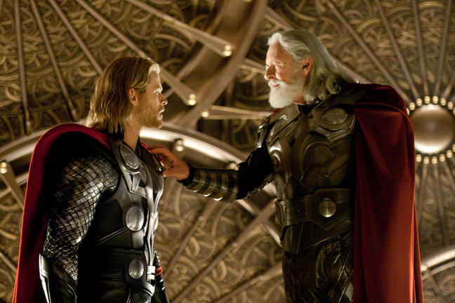Chris Hemsworth and Sir Anthony Hopkins in THOR.