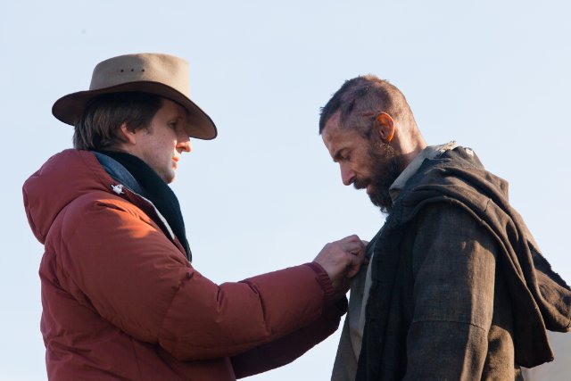 Director Tom Hooper with Hugh Jackman on the set of 'Les Misrables.'