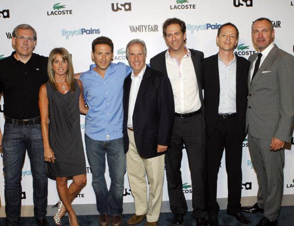 ROYAL PAINS -- The Royal Pains/Vanity Fair VIP In Store Event at Lacoste Fifth Avenue, New York City, Tuesday June 1st, 2010 -- Pictured: (l-r) Steve Birkhold, CEO Lacoste, Bonnie Hammer, President, Cable Entertainment and Cable Studios, NBCUniversal, Mark Feuerstein, Henry Winkler, Dr. Matthew Spitzer, President of Doctors Without Borders, Edward Menicheschi, VPand Publisher, Vanity Fair -- Photo by: Jason DeCrow/USA Network 